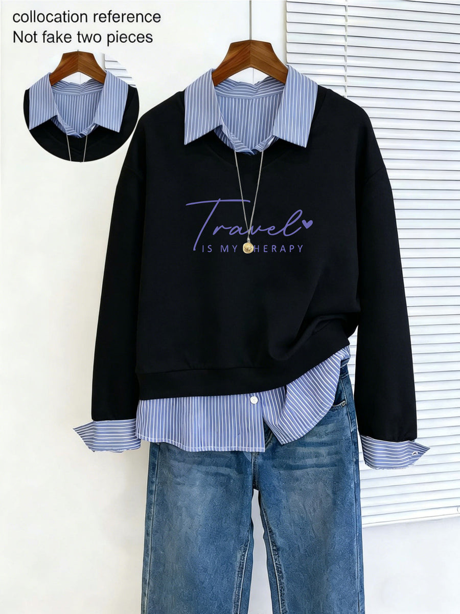 Fashion V-neck Long-sleeve Sweatshirt, Machine Washable, with Geometric Pattern, Image for Reference Only, Not a 2-in-1 Look - Black