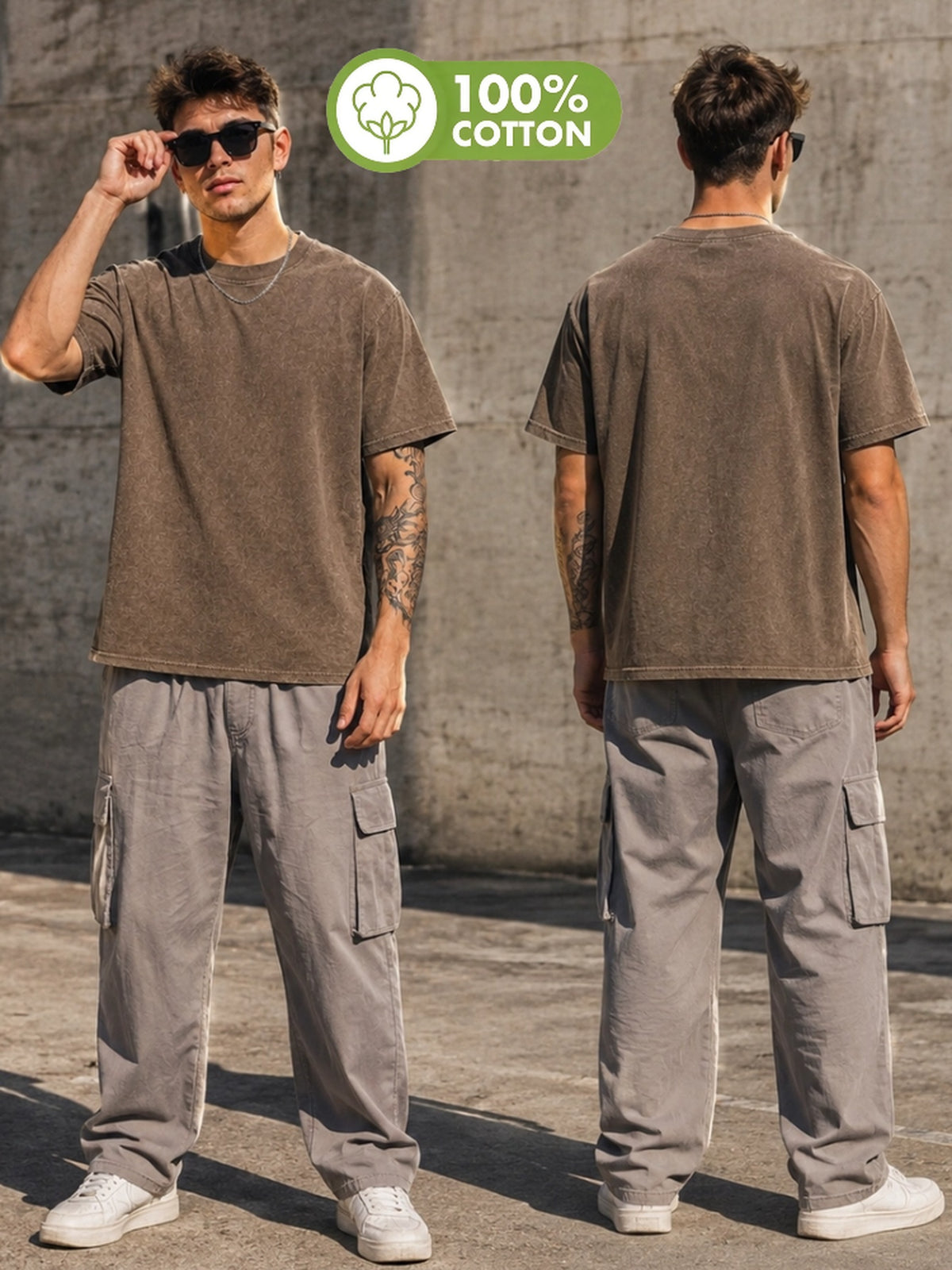 [Villa Le Water OBM] Men'S Plus Size Vintage Washed T-Shirt, 100% Loose Round Neck Short Sleeve Basic Tee, Casual Oversized Solid Color Top, Suitable for Daily Wear - Coffee Color