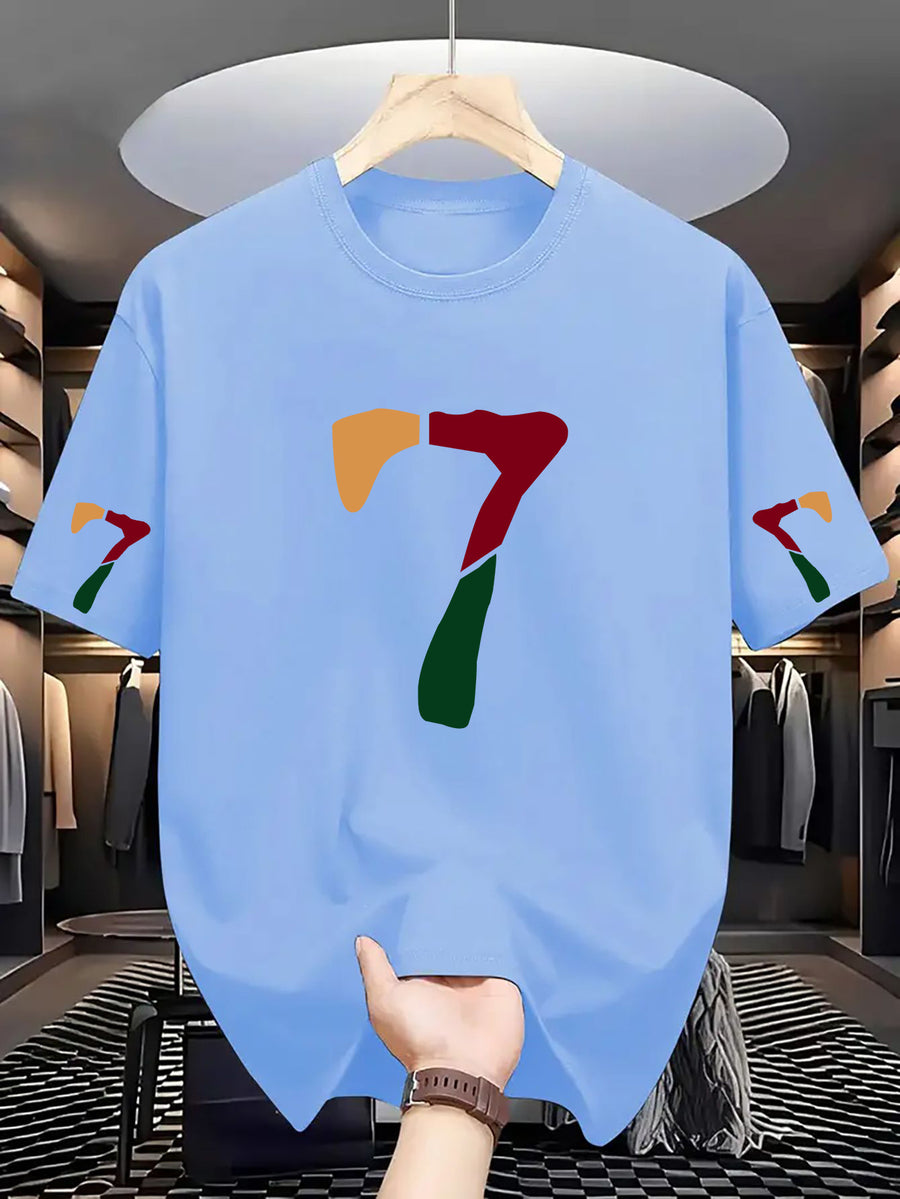 Men'S Casual Classic Sleeve Print T-Shirt with Text, Round Neck Comfortable Polyester Fabric, Stylish Streetwear for Daily Wear, Men'S Fashion - Light Blue