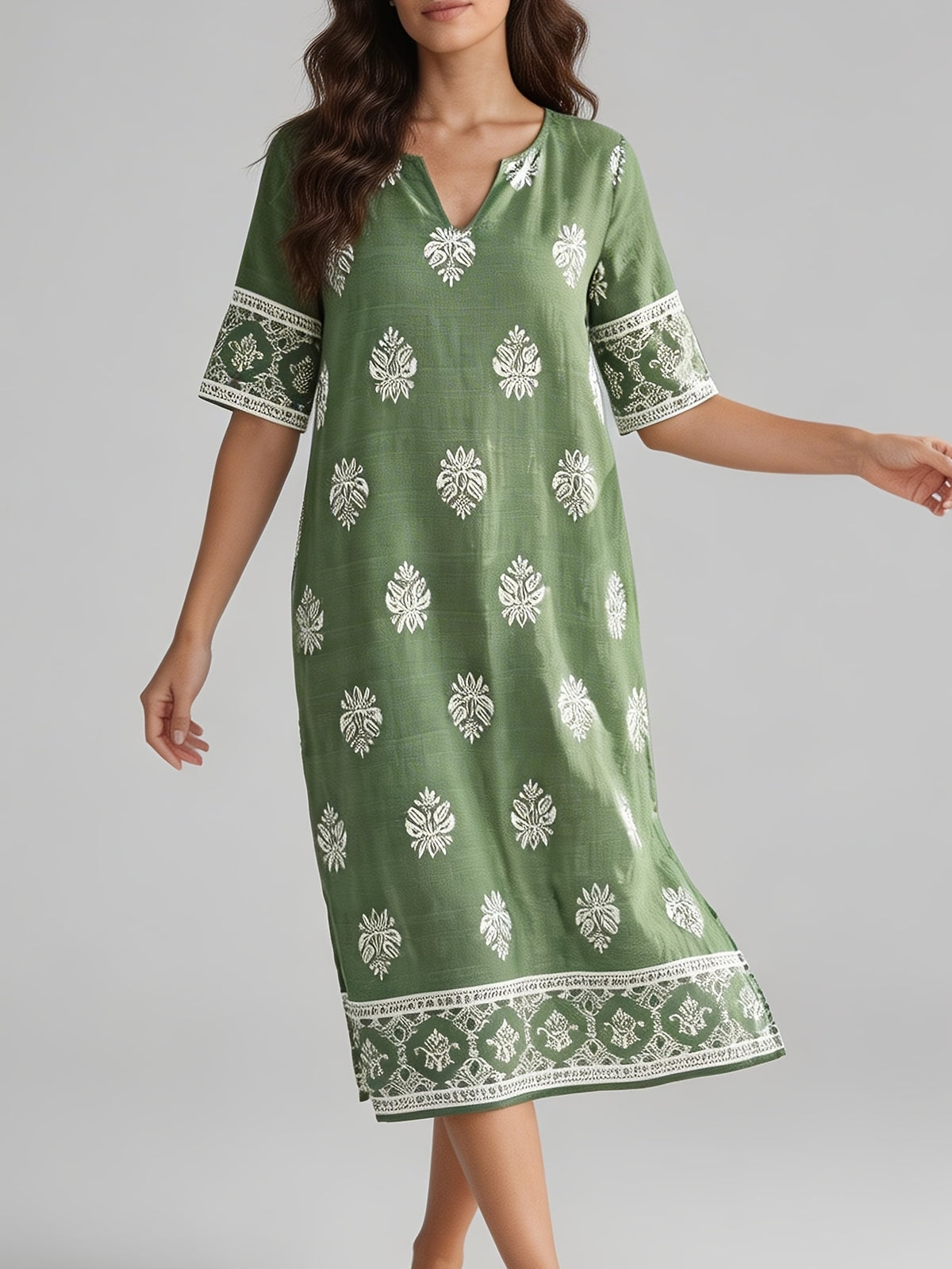 V-neck Short-sleeve Ethnic Print Dress with Slit Hem, Holiday Travel Beach Dress - Green