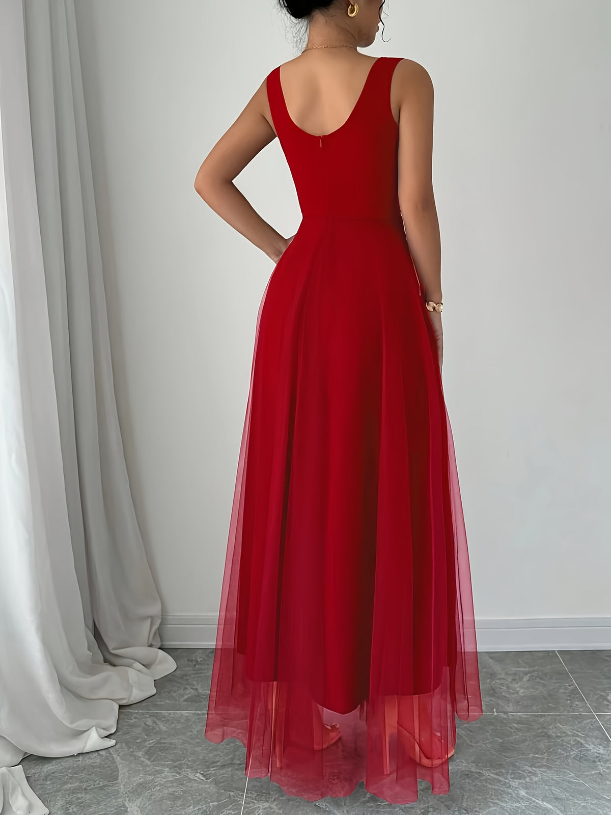 Elegant Women's Heart-Neckline Pearl Spandex Mesh Banquet Flared Long Dress, Elegant Party Dress for Spring/Summer, Suitable for Parties, Dinners, and Weddings, High-Quality Evening Gown, Modern, Elegant, and Chic Women's Long Party Dress - Red