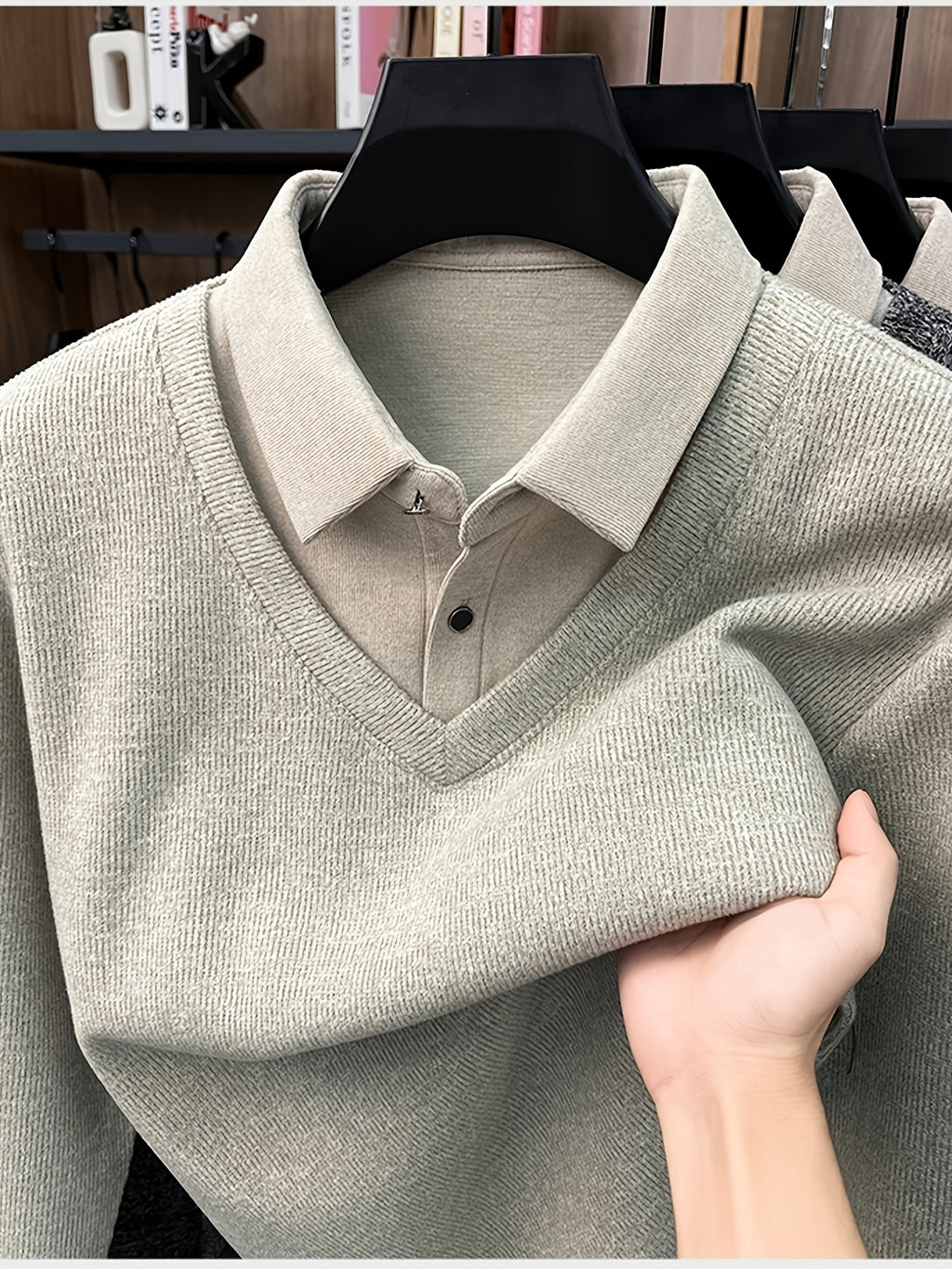 Men'S Autumn V-Neck Faux Two-Piece Pullover Sweater Top, Shirt Collar Patchwork Sweater, Casual Sportswear Top, Warm And Comfortable, Autumn Business Casual Daily Travel Commute Gift Choice, Knit - Beige Apricot