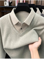 Men'S Autumn V-Neck Faux Two-Piece Pullover Sweater Top, Shirt Collar Patchwork Sweater, Casual Sportswear Top, Warm And Comfortable, Autumn Business Casual Daily Travel Commute Gift Choice, Knit - Beige Apricot