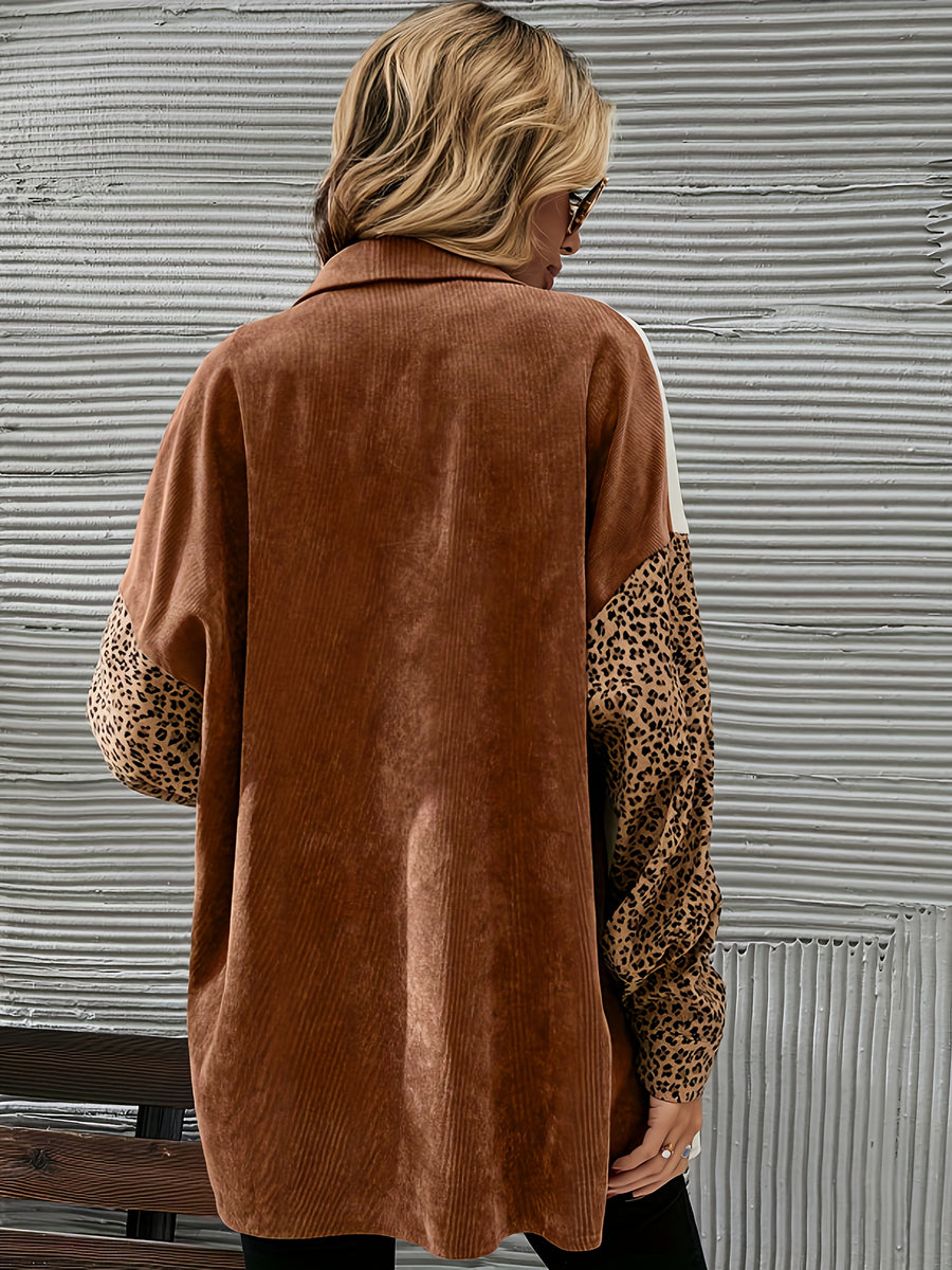 Autumn And Winter Leopard Print Corduroy Jacket, Mid-Length Long-Sleeved Jacket for Women - Mixed colors