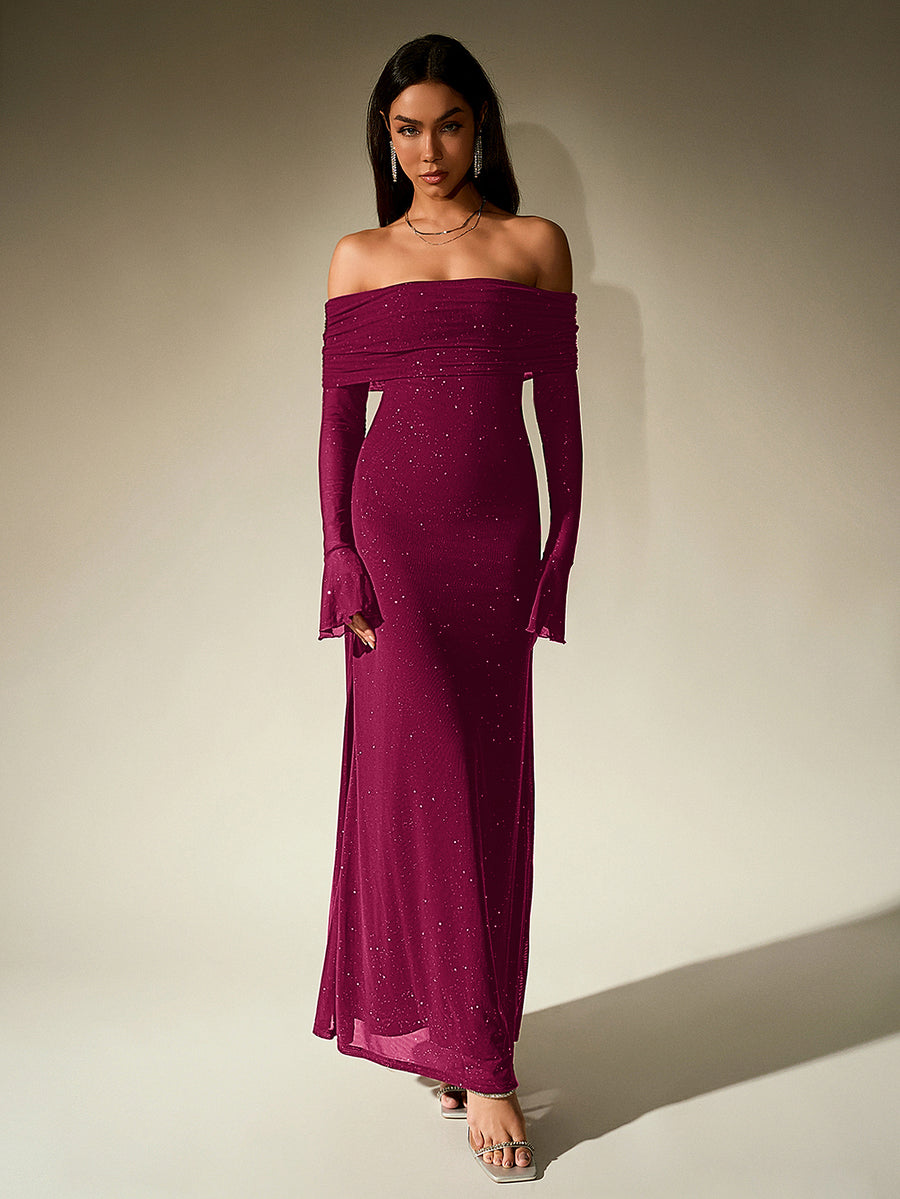 PARTHEA NewAsia Women's Bell Sleeve Off Shoulder Sequin Long Dress Backless Double Layer Club Party Sparkling Mesh Maxi Dresses Brown - Burgundy