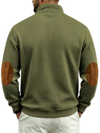 Men's Waffle Knit Casual Loose-Fit Long Sleeve Color-Block Stand Collar Half-Zip Autumn/Winter Sweatshirt - Military Green