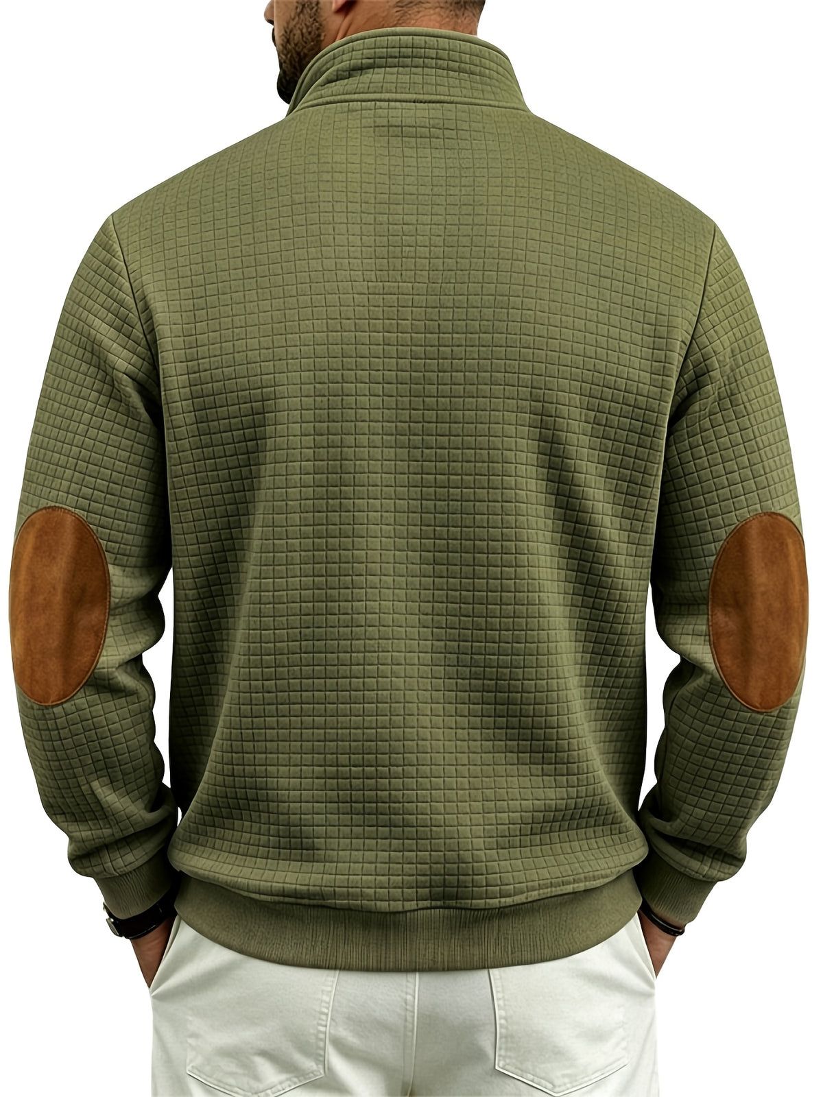 Men's Waffle Knit Casual Loose-Fit Long Sleeve Color-Block Stand Collar Half-Zip Autumn/Winter Sweatshirt - Military Green