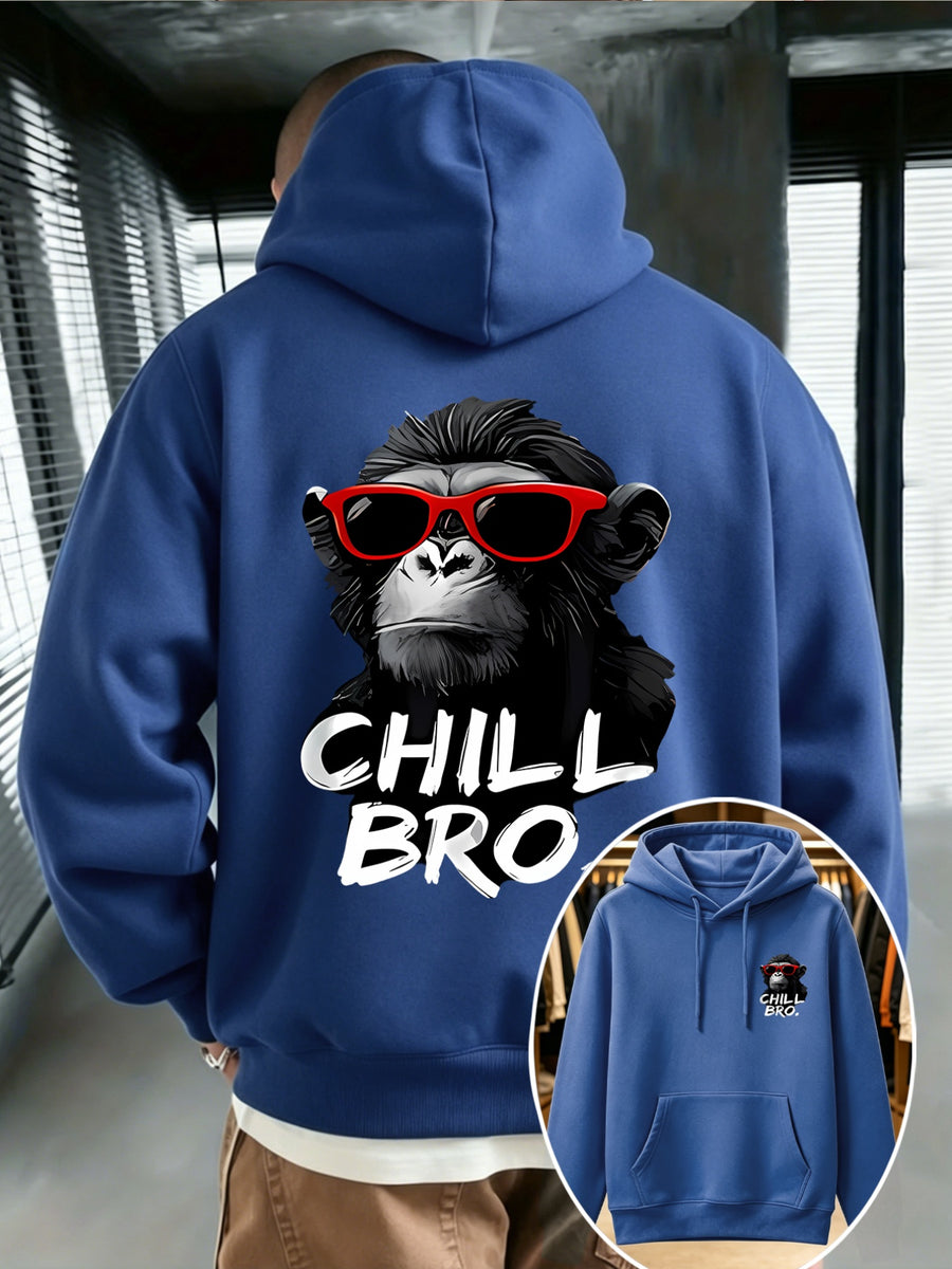 Men's Casual Versatile Hooded Sweatshirt with Fashion Glasses Chimpanzee "CHILL BRO" Fun Double-Sided Graphic Print - Front Kangaroo Pocket, Machine Washable, High-Quality Fabric Suitable for Casual and Sportswear, Daily Comfort - Casual Long-Sleeve - Blue