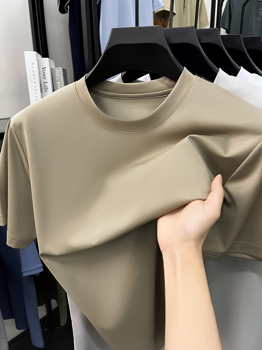 NERPOLO Men's Solid Color Short Sleeve T-Shirt - Round Neck Casual Summer Tee with Suitable for Middle-Aged, Regular Fit Breathable Shirt, Hand Washable Solid Color Round Neck Half-Sleeve Blouse for Casual Attire (No Transparency) - Champagne