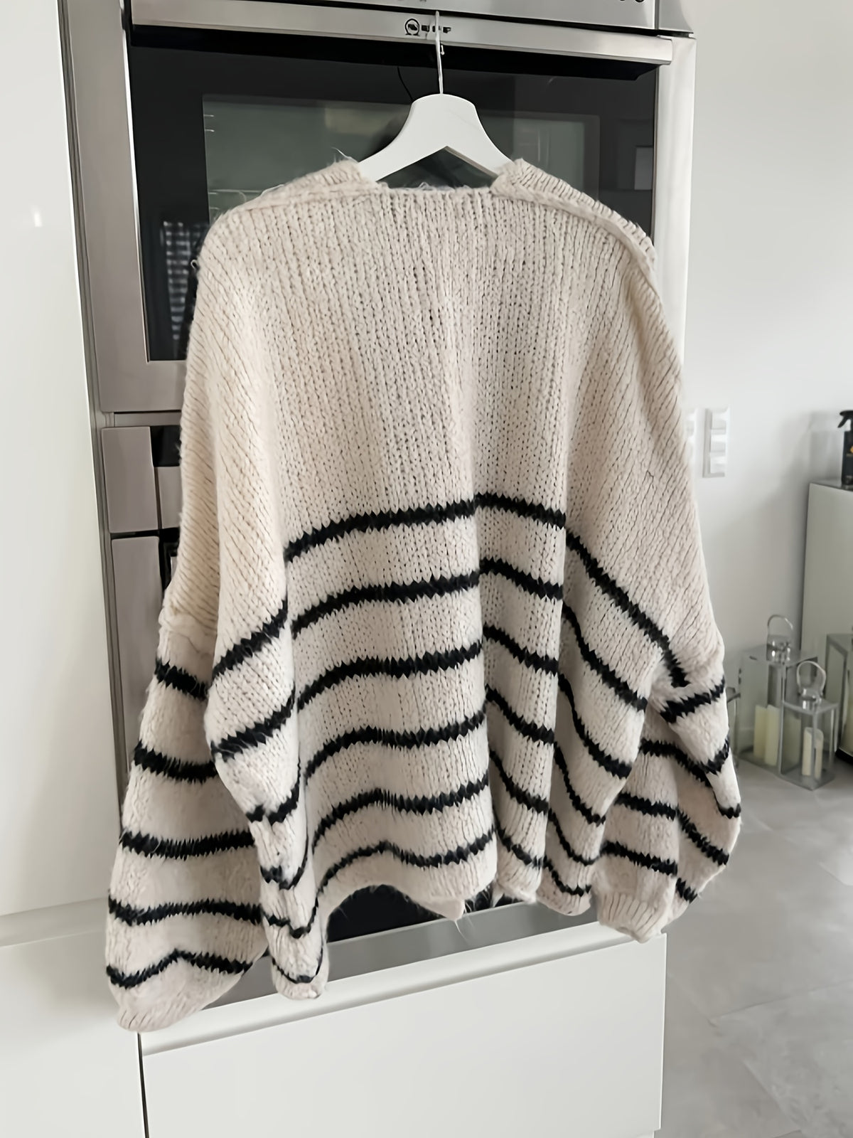 Autumn Winter Loose Lazy Style Soft Muted Contrast Black White Striped Casual Women'S Cardigan Coat - Mixed colors
