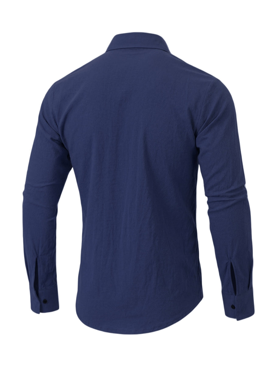 Men'S Fashion Top, Long Sleeve Gualabera Shirt with Pleated Front, Casual Shirt for Vacation, All-Season Casual Style - Navy Color