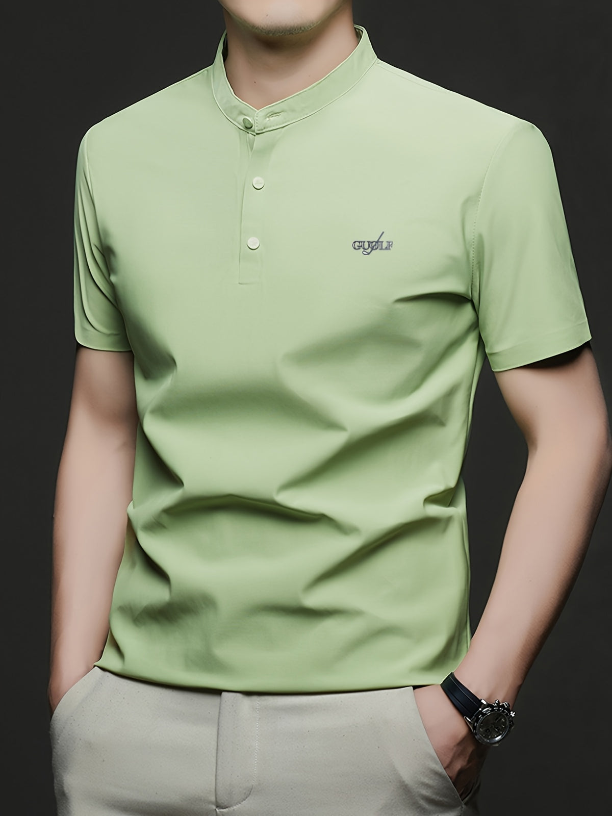 Maqiqi OBM Men's Chinese Style Henley Shirt - Breathable Short-Sleeve -Front Collar Polo, Half-Open Placket Stand Collar Tunic for Business Casual Wear, Layering Base Layer Top Suitable for Office, Golf, Running Gift - Fruit Green