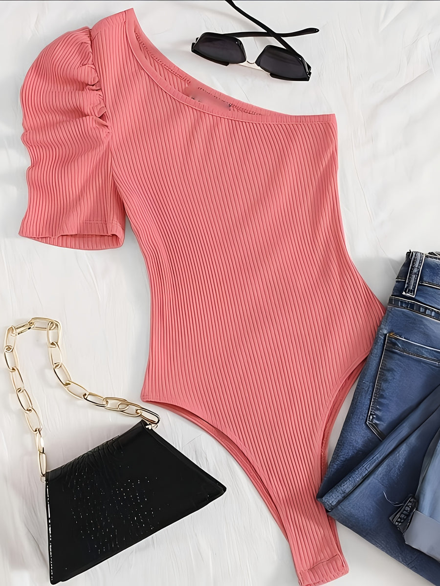 Privé One-Shoulder Bubble Sleeve Ribbed Bodysuit - Watermelon Red