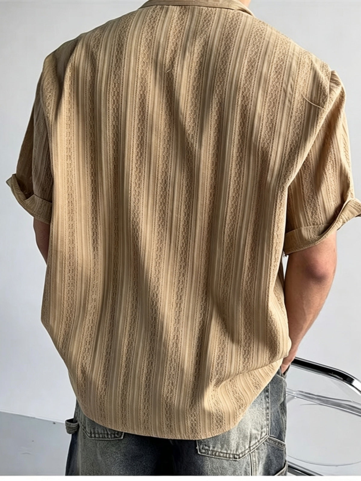 Men's Hollow Out Striped Short Sleeve Shirt, Cuban Collar, Casual Summer Beach Blouse, KhakiMen's Casual Cuban Collar Shirt, Hollow Out Stripe Texture, Short Sleeve, Loose Fit, Summer Daily TopSummer Men's Khaki Striped Shirt, Cuban Collar - Wheat-colored