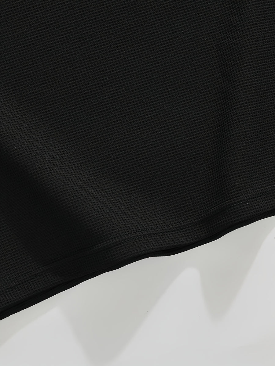 Men'S Waffle Half-Zip Polo Shirt, Casual Oversized Short Sleeve T-Shirt with Inspirational Print, Suitable for Street Style And Daily Wear - Black