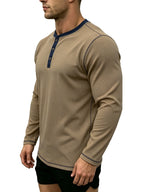 1pc Men'S Spring Summer Casual Henley Shirt, Long Sleeve T-Shirt, Retro Color-Block Trimmed Button-Front, American Easy Versatile Base Layer, Casual Commute Date Comfortable Top Single Pc - Khaki