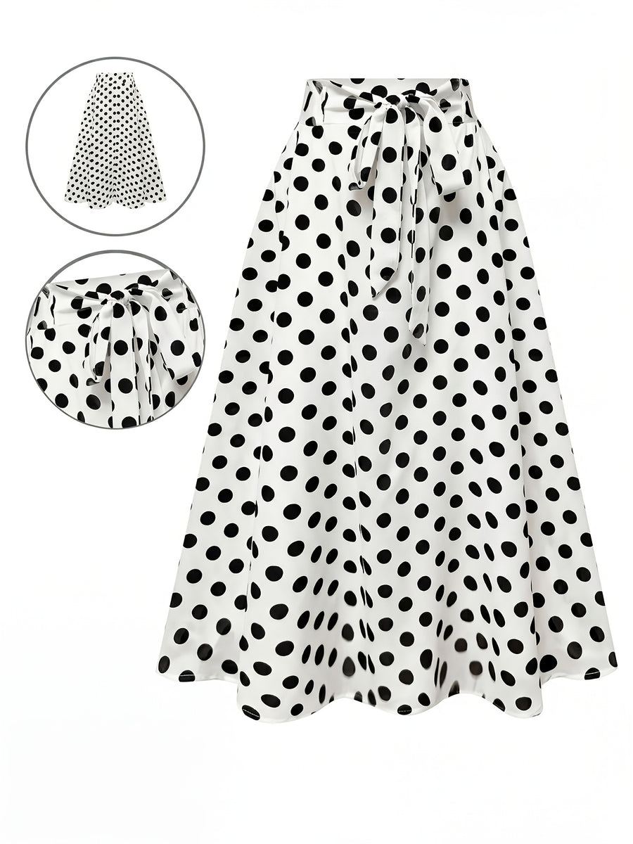 Hot Women's Trendy Fashion Color Block Casual Printed Waist-Tie Bow Elegant Versatile Commuter Style A-Line Skirt - White