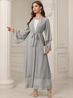 Ramadan Islamic Modest Dress Without Hijab, Long Sleeve Open Front Casual Modest Muslim Dress, Women's Clothing - Grey