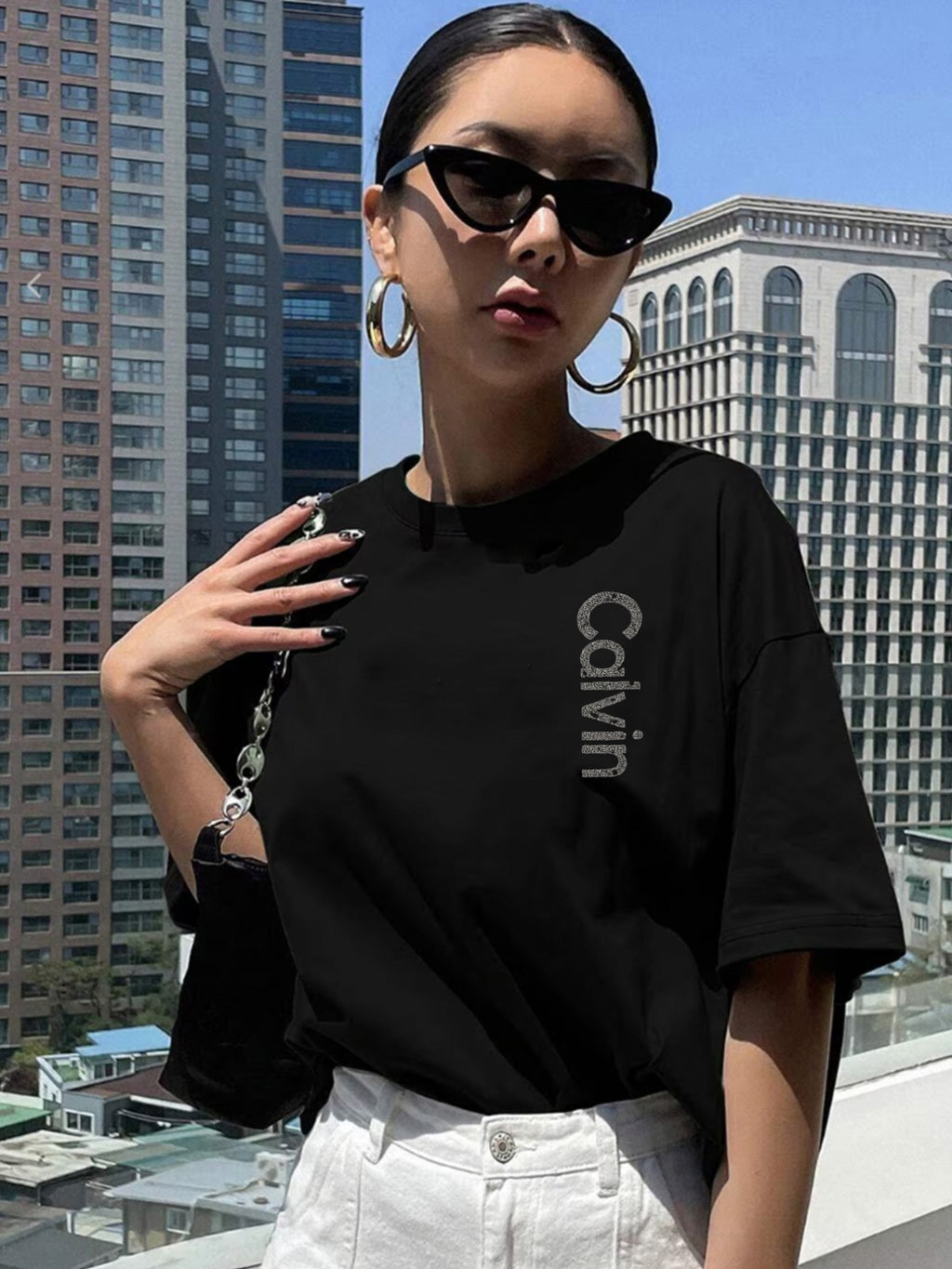 Symmetrical Printed Short Sleeves, Cosmic Galaxy, Space Theme Pattern Women's Single Piece Trendy Casual Tshirt, Shortsleeved Round Neck Casual Top, Summer and Spring, Women's Clothing - Black