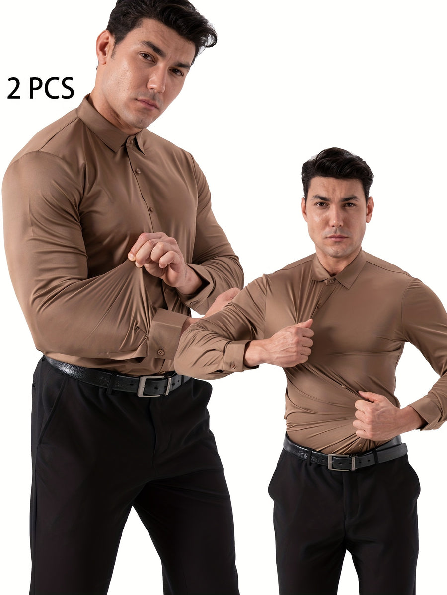 2pcs Set of Seamless Pressure Adhesive High-Elasticity Non-Iron Men'S Dress Shirt Long Sleeve Business Casual Formal Top, Material 88% Polyester 12% Spandex, Fabric Weight 160G, Casual - Khaki + Khaki