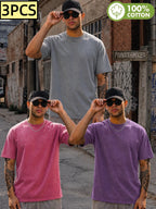 [Villa Joy Water OBM] 3pcs Combo Set Retro Short Sleeve T-Shirt Men'S All-Match Commute Breathable Top Loose Oversize Retro Distressed Solid Color Top - Steel