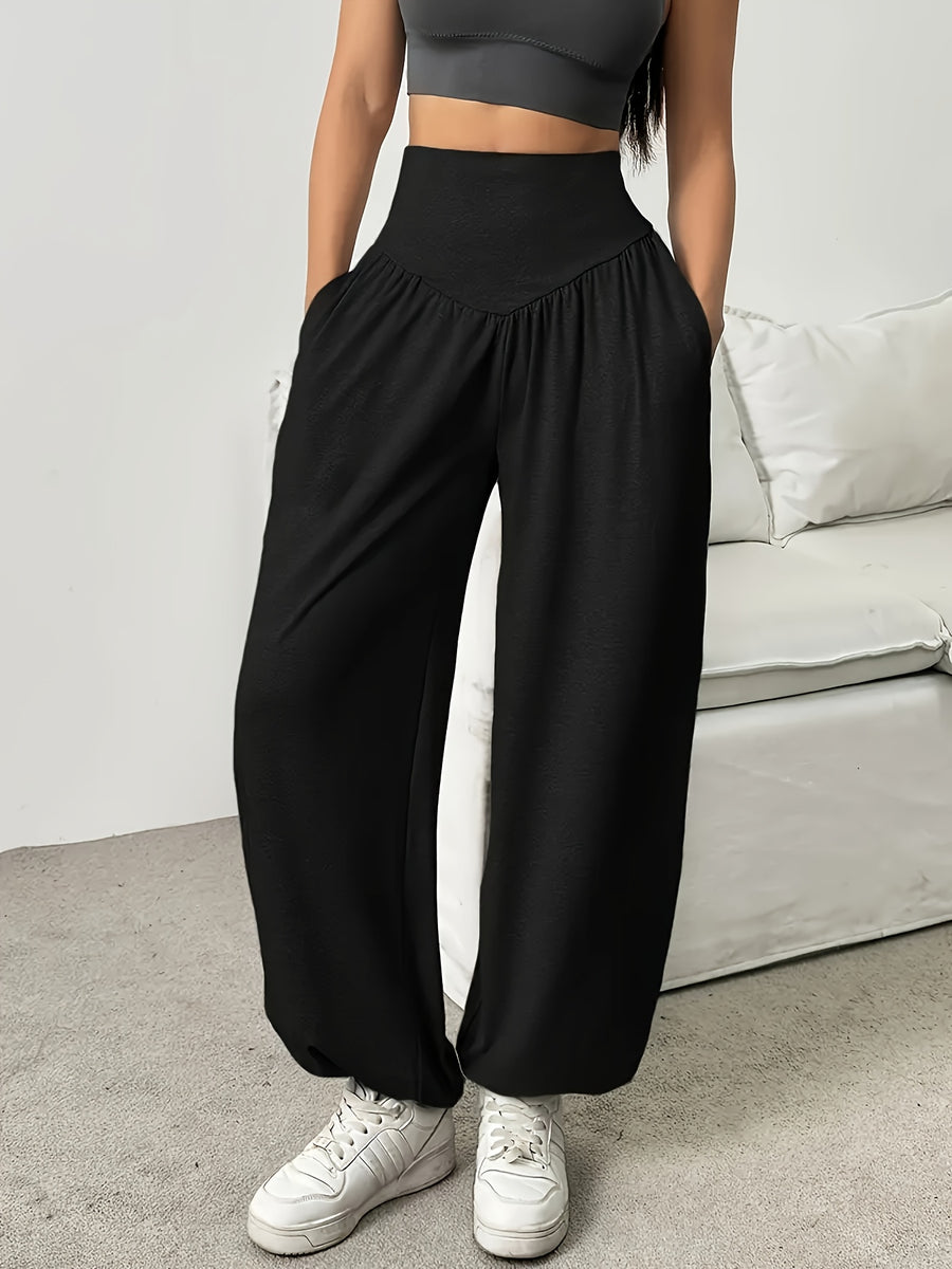 1pc Women'S High-Waist Comfortable Running Pants - Stretchy Soft Wide-Leg Casual Trousers, Suitable for Running And Fitness, Solid Color, All-Season - Black