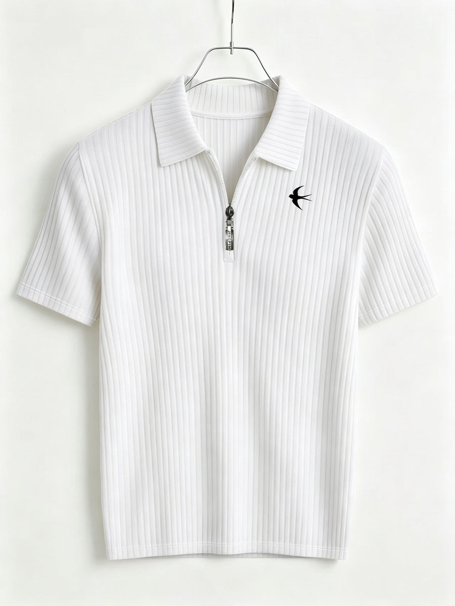 Men's Summer Casual Lapel Outdoor Sports Comfortable Printed Half-Zip Polo Shirt - White