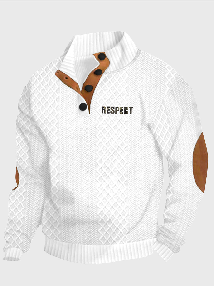 Men'S New Jacquard Top Features a Textured Classic Stand-Up Collar That Enhances The Neck Line, with a Half-Button Placket That Continues The Vintage Henley Shirt Style, Complemented by Patchwork, Making It a Fashionable Knitwear - White