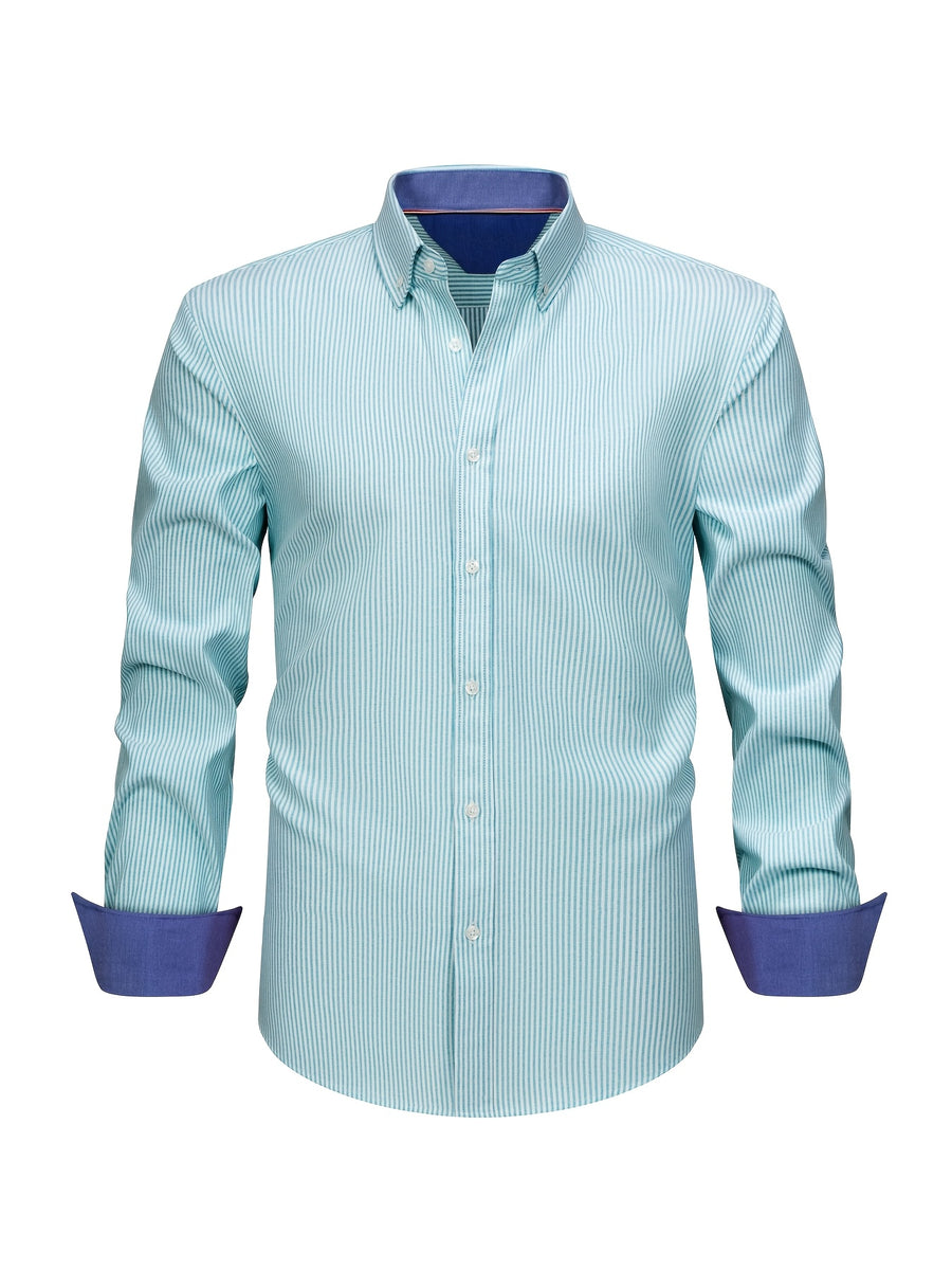 New Cotton Oxford Shirt for Men, Casual Fashion Long Sleeve with Collar and Cuff Patchwork Design, Comfortable and Fitted Business Loose Shirt, Button-Up Striped Dress Shirt, Long Sleeve Collared Striped Dress Shirt for Office Work, Fine Stripe Shirt - Green Background With White Stripes
