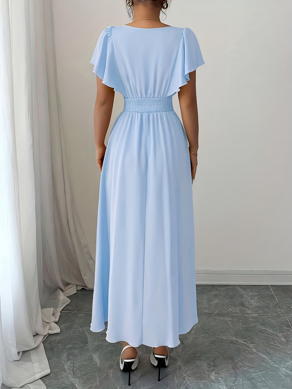 Solid Color Dress Puff Sleeve Ruched Waist Notch Neck Short Sleeve Suitable for Banquets, Parties, Vacations, Weddings, Women'S Bridesmaid Dress - Light Blue