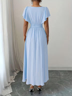 Solid Color Dress Puff Sleeve Ruched Waist Notch Neck Short Sleeve Suitable for Banquets, Parties, Vacations, Weddings, Women'S Bridesmaid Dress - Light Blue