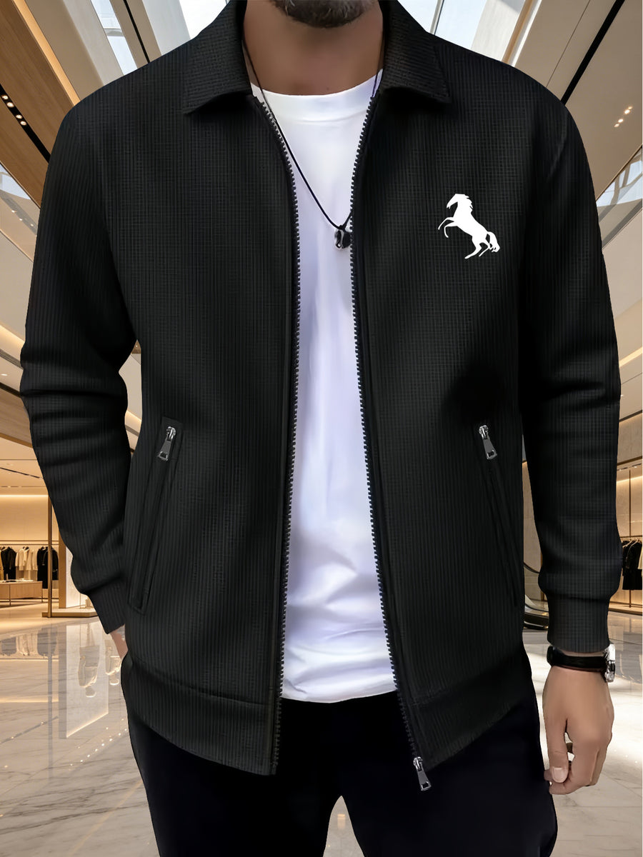 Men'S Casual Lapel Zip-Up Cardigan Coat, Stylish And Breathable Waffle Grid Print Jacket, Suitable for Outdoor Sports And Business Office, Versatile Top - Black