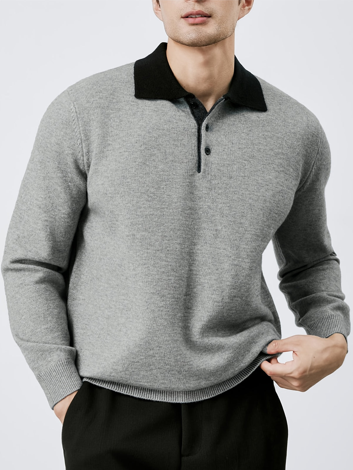 Men's Autumn Winter Casual Versatile Warm Long Sleeve Knit Sweater Fashion Contrast Color Neck Knit Base Layer Sweater - Grey