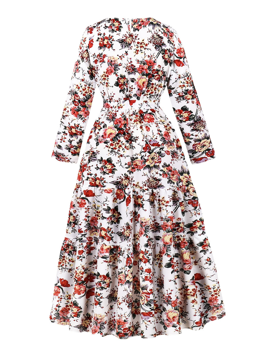 Elegant Long Floral Print Dress with Waist Cincher - Perfect for Parties, Spring/Fall, Adult, Floral Print Dress | Floral Pattern Dress | Cinched Waist Design - Multicolor