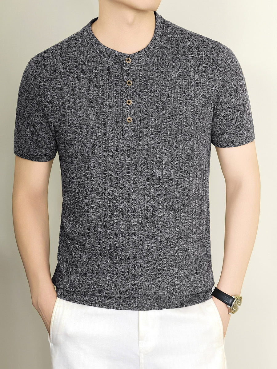 Men'S 2026 New Summer Short Sleeve, Vertical Rib Knit, Regular Fit Casual Top, Easy And Fashionable for Daily Wear, Business Commute, Vacation And Weekend Leisure - Black Gray
