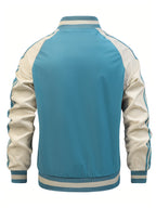 Men's Spring/Autumn Color-Block Striped Lightweight Jacket with Mesh Lining, Casual Outerwear, Outdoor Sports Baseball Jacket, Raglan Sleeve Design, Cropped Style - Sky Blue