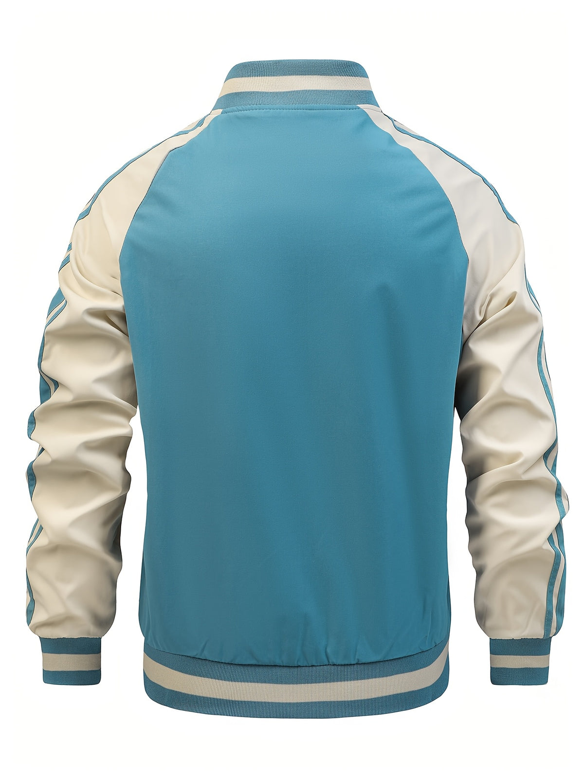 Men's Spring/Autumn Color-Block Striped Lightweight Jacket with Mesh Lining, Casual Outerwear, Outdoor Sports Baseball Jacket, Raglan Sleeve Design, Cropped Style - Sky Blue