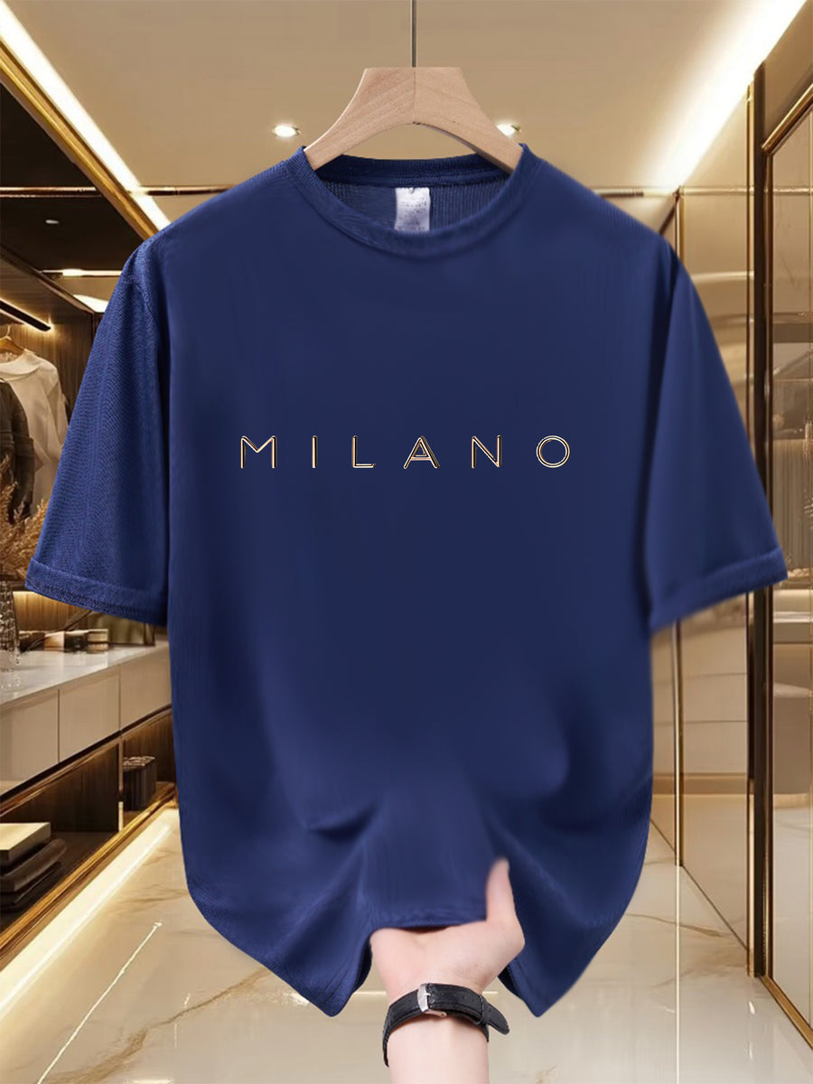 Men's Milano Luxe Logo T-Shirt - Lightweight 100% Polyester Crew Neck Short Sleeve Summer Top with Iconic Milano Print, Casual Streetwear Tee Suitable for Urban Fashion, Machine Washable Regular Fit for & -the- Style - Navy Color