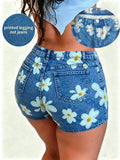 [Printed Pants - Not Faux Denim Fabric]Printed Pants - Not Faux Denim Fabric High-Waist High-Stretch Imitation Faux Denim Floral Print Tight Shorts Leggings - Royal Blue