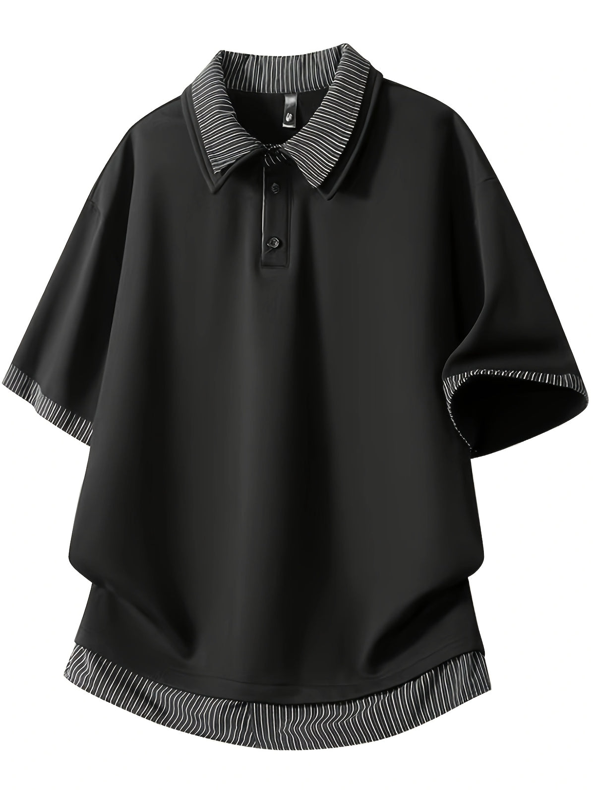 Men's Summer Color-Block Striped Patchwork 2-in-1 Look Polo Shirt, Unisex Loose Fit Tummy Control Draped Casual Short Sleeve T-Shirt - Black