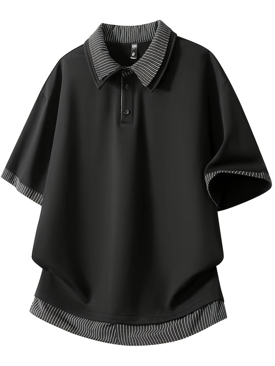 Men's Summer Color-Block Striped Patchwork 2-in-1 Look Polo Shirt, Unisex Loose Fit Tummy Control Draped Casual Short Sleeve T-Shirt - Black