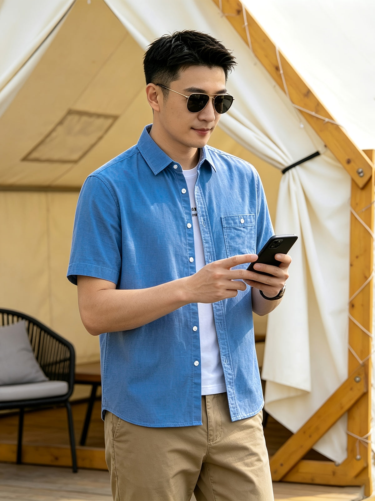 Men'S Casual Short Sleeve Shirt, Loose Easy Fit, Lightweight Breathable, Daily Summer Versatile Top - Dark Blue 1