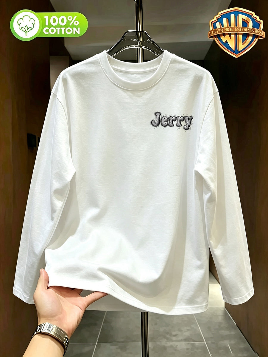 By Warner Bros., Printed 100% Pure Cotton T-shirt, Men's Comfortable and Versatile Loose Summer | Autumn | Winter Long Sleeved T-shirt, Suitable for Outdoor Sports, Gym and Multi-functional Sports Casual Loose Wear - White