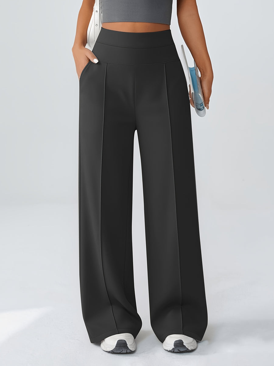 Spring And Autumn Women'S Casual Versatile Wide-Leg Pants (2 Pockets) High-Waisted Elastic Waist Design Straight-Leg Long Pants Breathable Loose Daily Commute Outerwear Comfortable Women'S Pants - Black