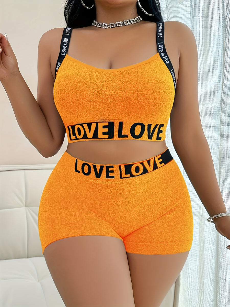 1 Set Plus Size Smooth Women'S English LOVE Panty And Bra Set Seamless Casual Mid-Waist Tummy Control Safety Shorts Four-Corner Pants Underwear Sexy Solid Soft Comfortable Butt Lifting Anti-Exposure Suitable for Daily Casual Leggings Breathable - Orange