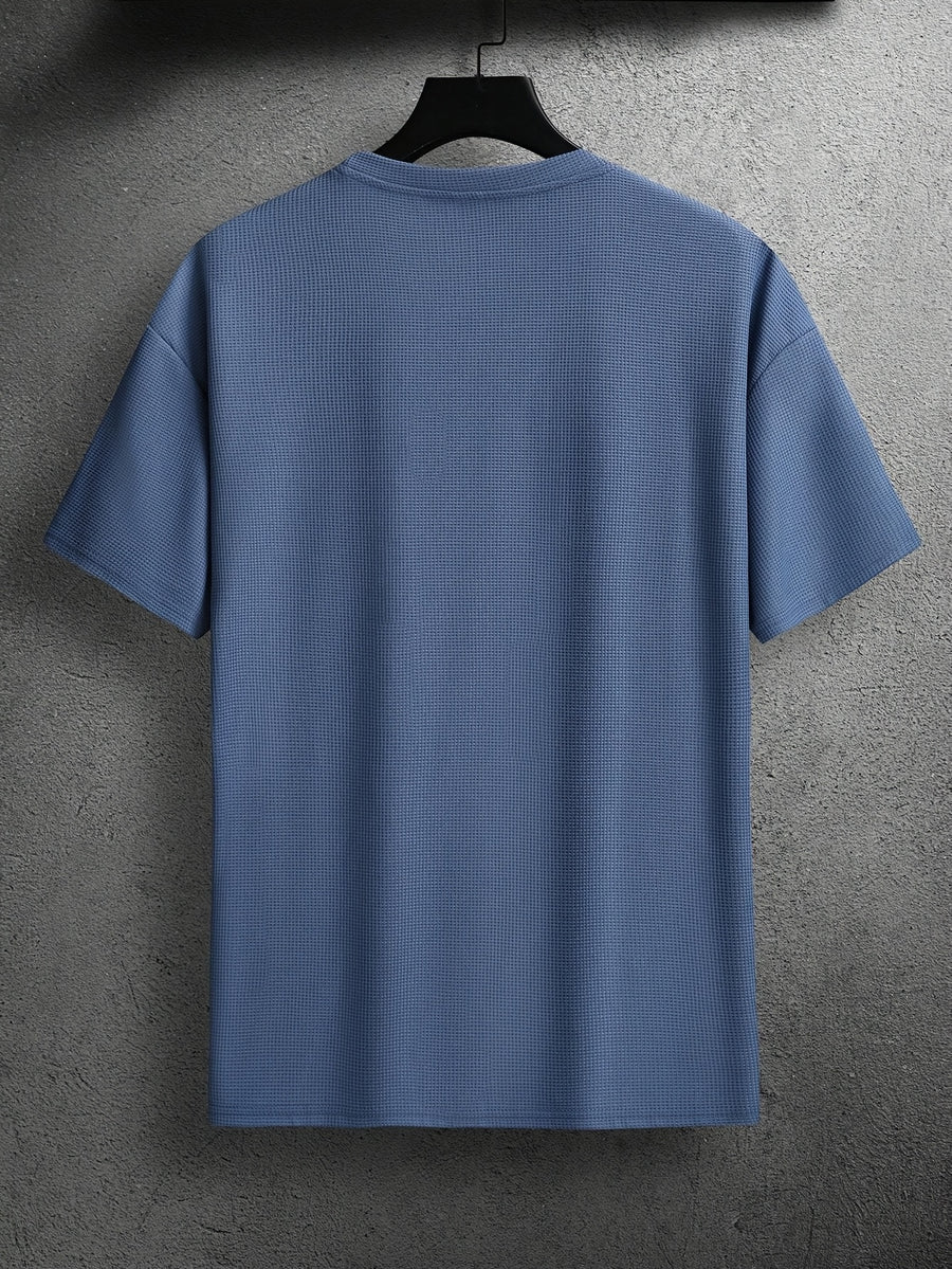 Men's Waffle-Knit Short Sleeve T-Shirt - Breathable Base Layer & Casual Round Neck Pocket Tee, Solid Color Suitable for Gym, Casual Attire, Machine Washable, Spring/Summer Layering Shirt, High-Fit Rate for Lifestyles - Blue+blue