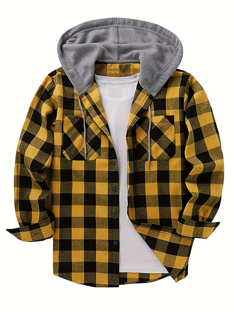 Men's Fashion Hooded Plaid Trendy Shirt Hooded Plaid Sweatshirt, Autumn/Winter Essentials, New Season - Bright Yellow