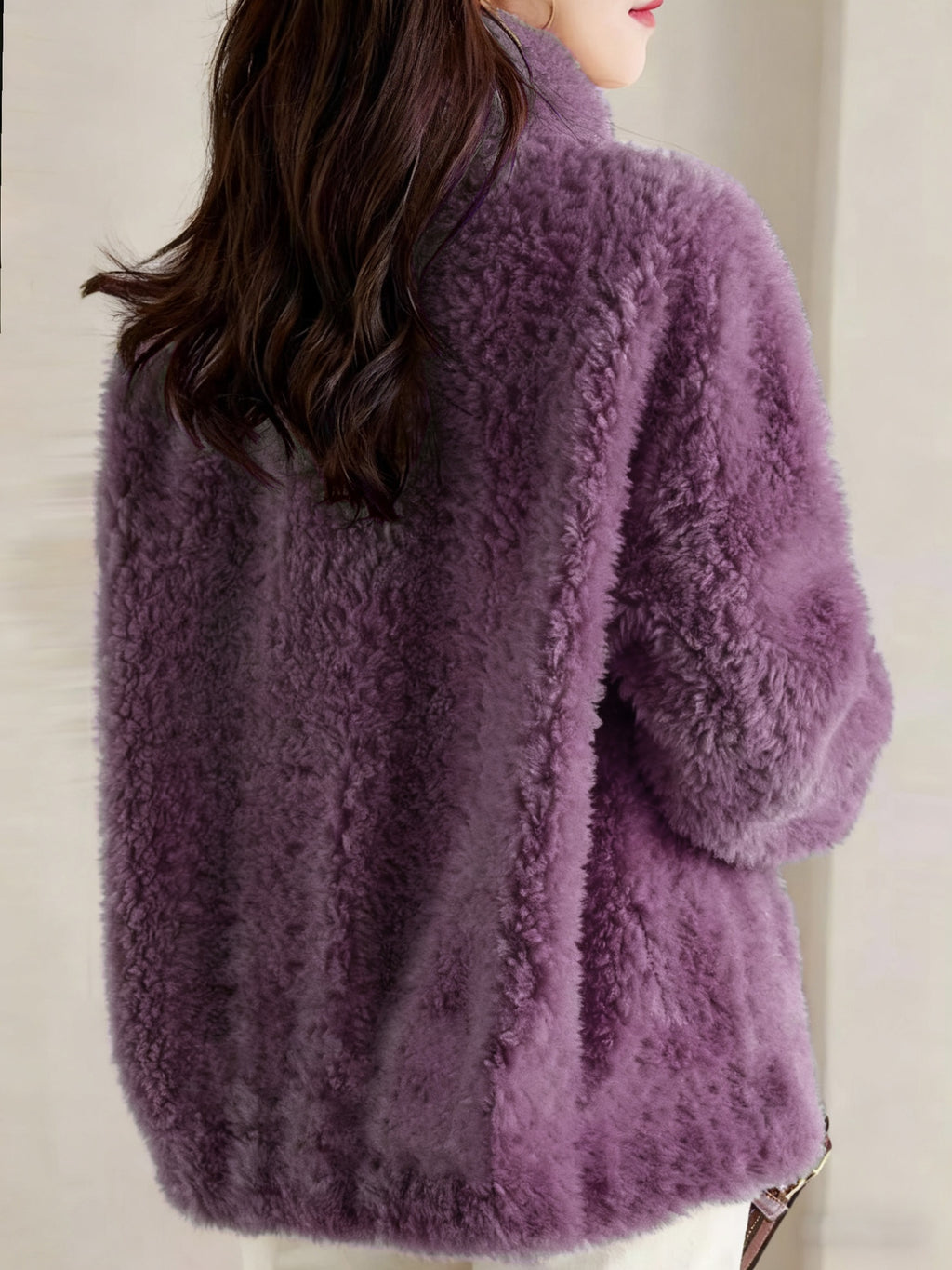 Solid Color Zipper Plush Jacket - Purple