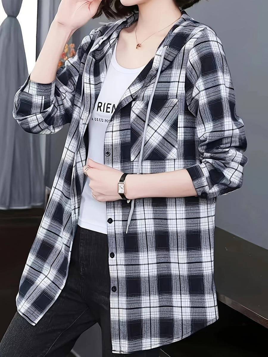 Wealth-Attracting Directional Plaid Women'S Hooded Shirt - Black And White Grid