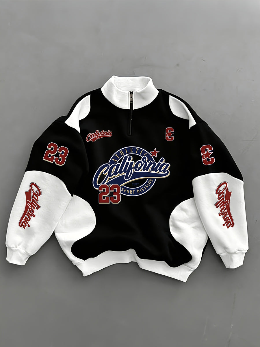 California Red and Blue No. 23 Round Badge Vintage American Black and White Colorblock Half-Zip Sweatshirt - Black